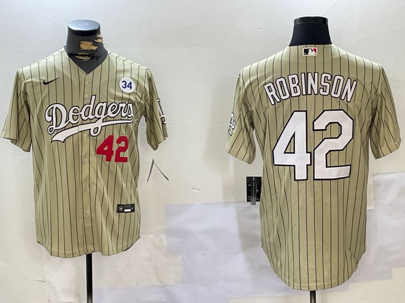 Men Los Angeles Dodgers #42 Robinson Green Stripe Game 2024 Nike MLB Jersey style 1